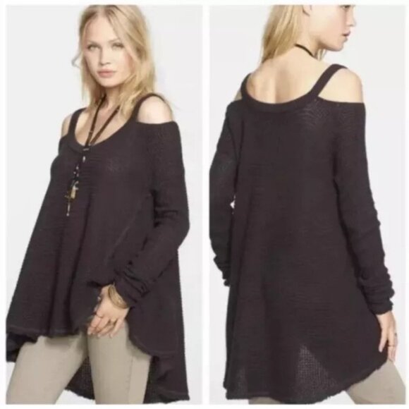 Free People Moonshine Oversize Gray Cold Shoulder Waffle Knit Asymmetrical XS - Picture 3 of 13